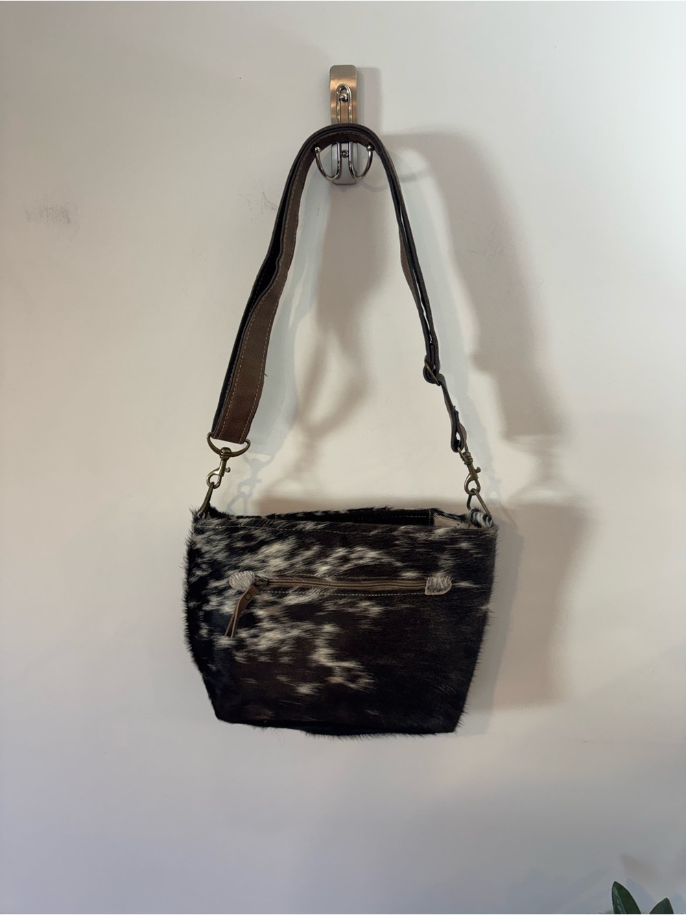 Myra Bag Hair-On Shoulder Bag, Black/White, Brown Leather - Picture 4 of 7